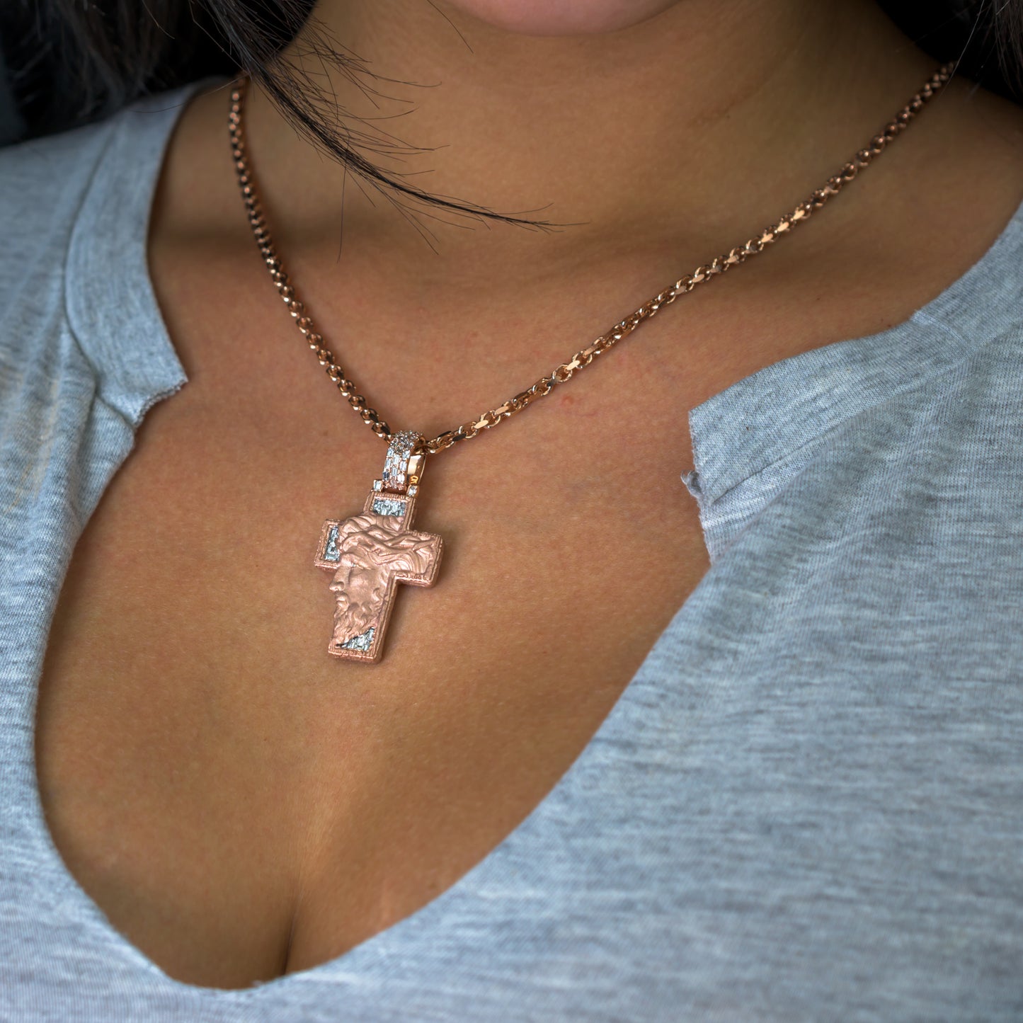 10k Rose Gold Diamond Baguette Jesus Head Pendant 1.02 ctw