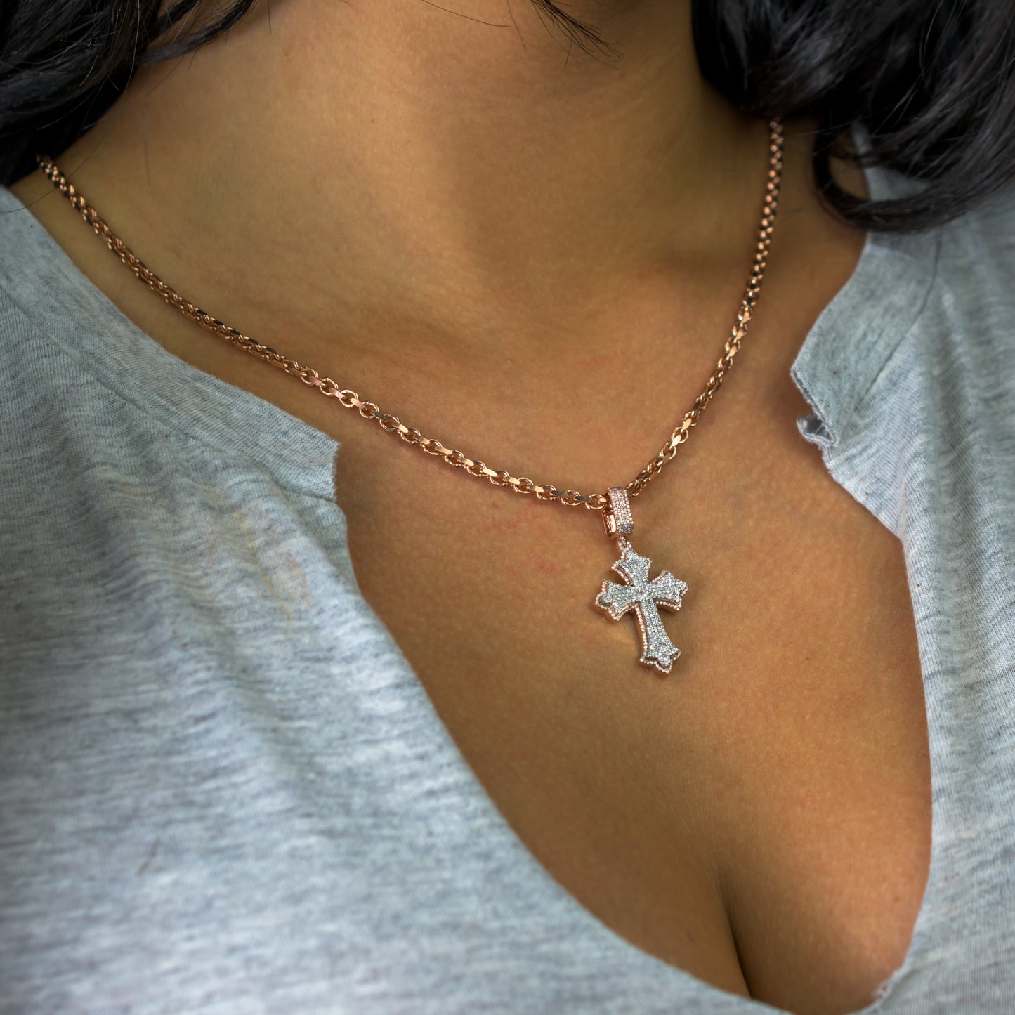 10k Two-Tone Rose and White Gold Diamond Cross Pendant 0.62 ctw