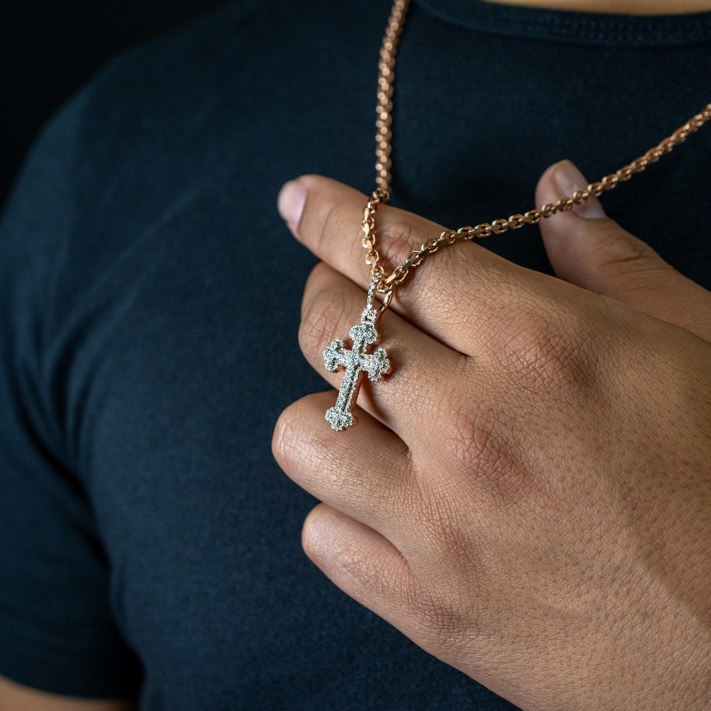 10k Two-Tone Rose and White Gold Diamond Cross Pendant 0.88 ctw