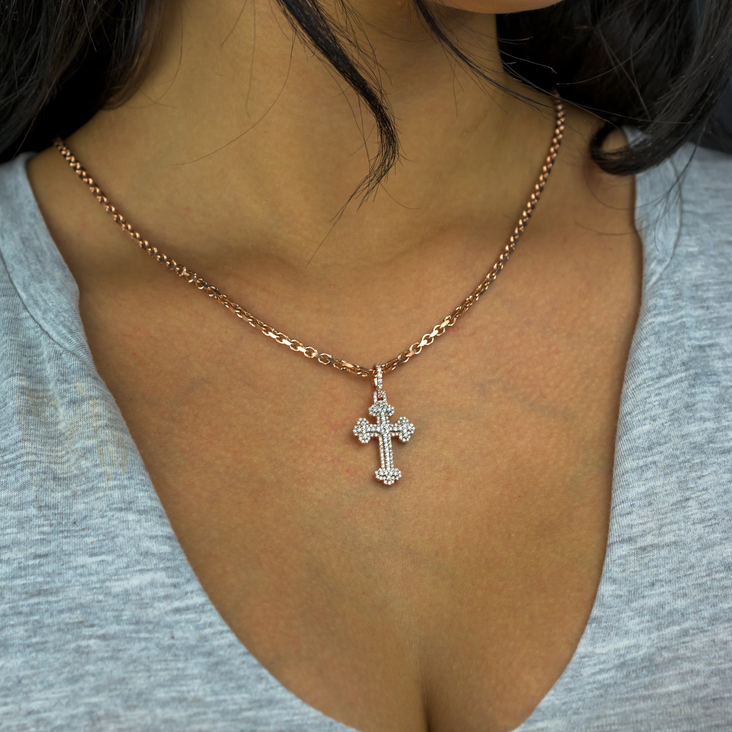 10k Two-Tone Rose and White Gold Diamond Cross Pendant 0.88 ctw