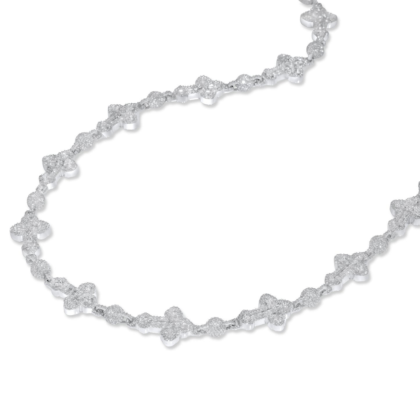 10k White Gold Diamond Baguette Cross and Ball Bead Chain 8.43 ctw