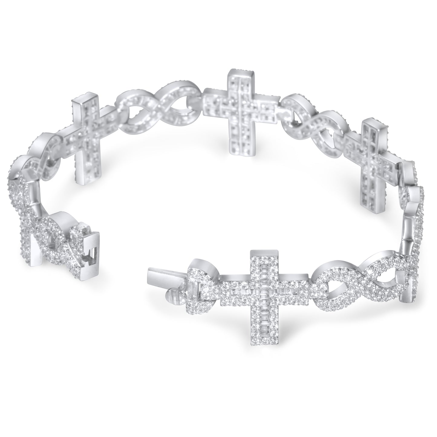 10k White Gold Round and Baguette Diamond Cross Bracelet 7.98 ctw