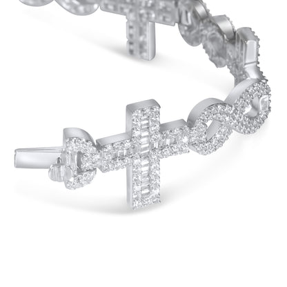 10k White Gold Round and Baguette Diamond Cross Bracelet 7.98 ctw