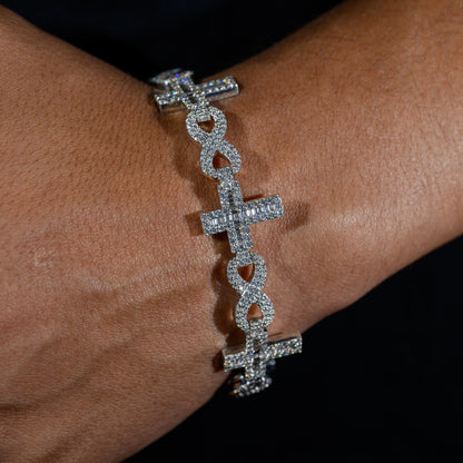 10k White Gold Round and Baguette Diamond Cross Bracelet 7.98 ctw