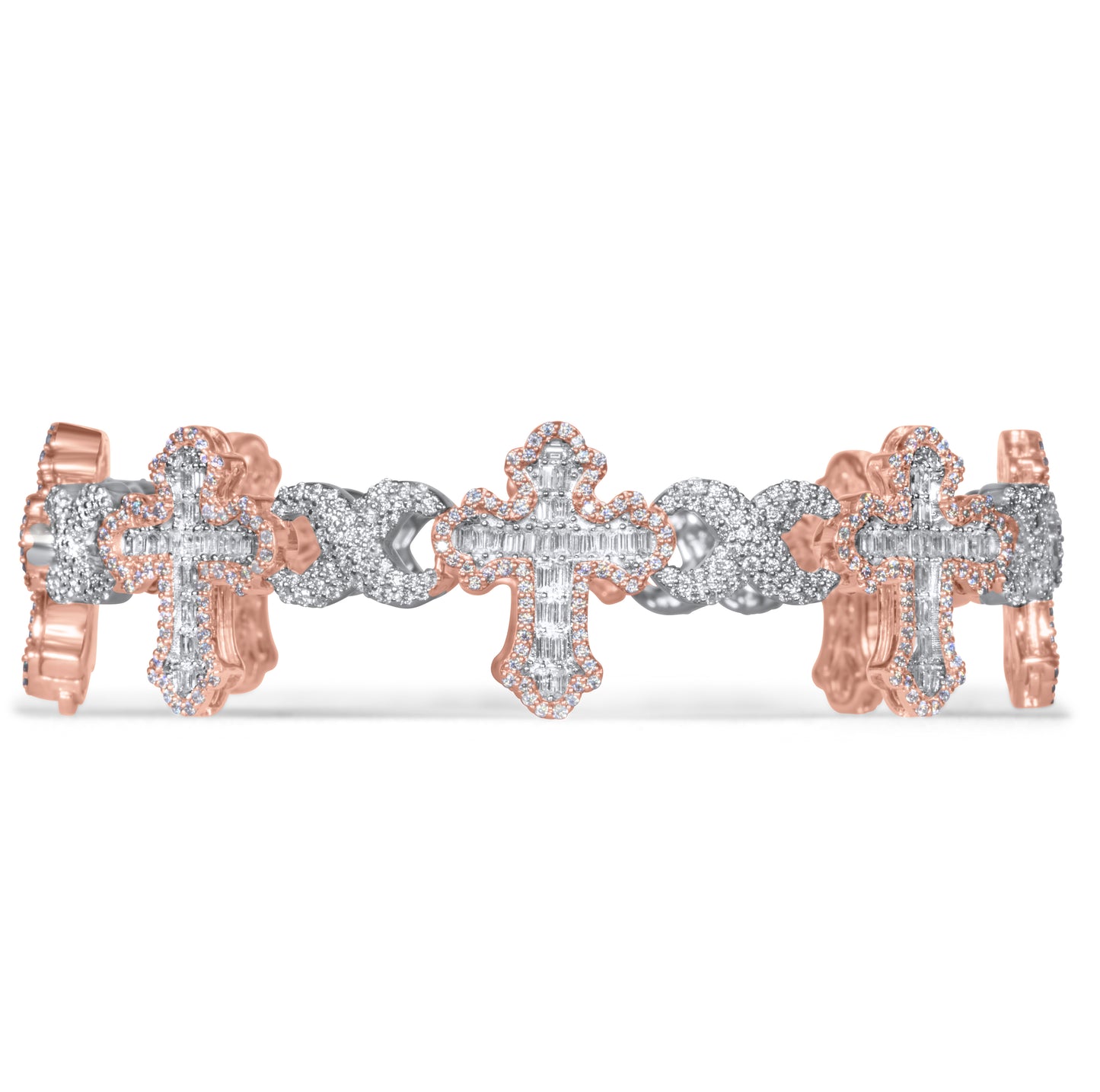 10k White and Rose Gold Round and Baguette Diamond Cross Bracelet 6.25 ctw