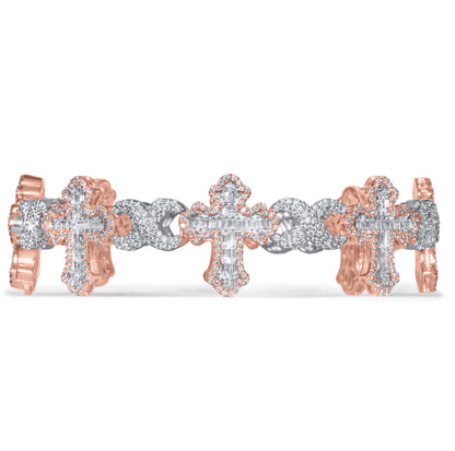 10k White and Rose Gold Round and Baguette Diamond Cross Bracelet 6.25 ctw