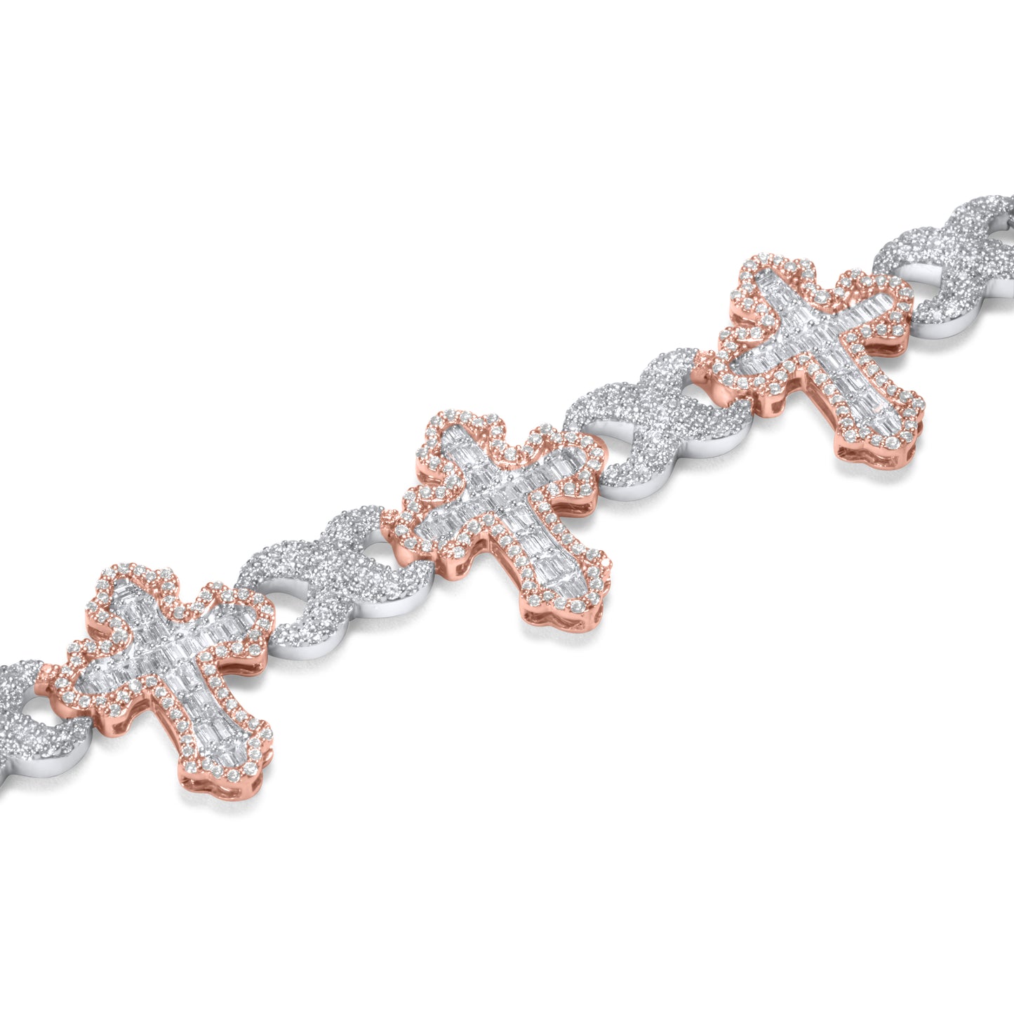 10k White and Rose Gold Round and Baguette Diamond Cross Bracelet 6.25 ctw