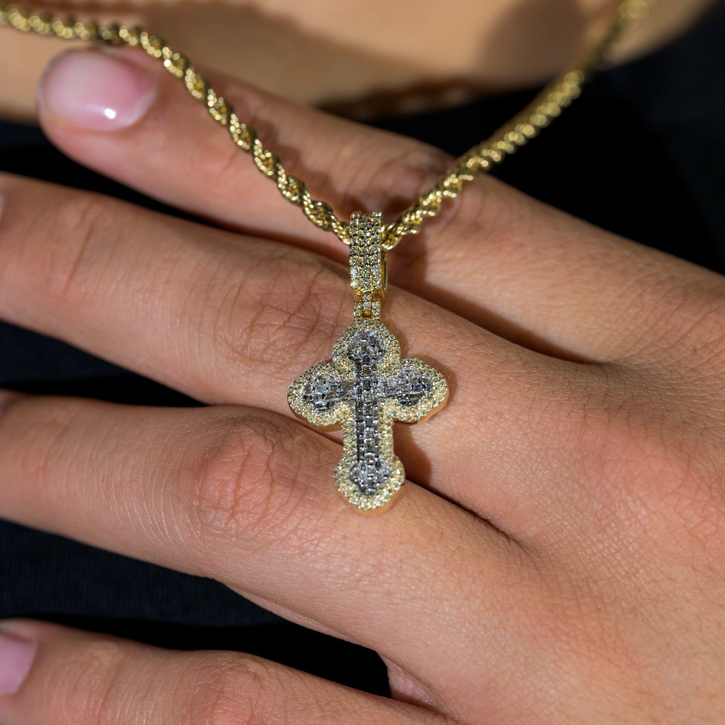 10k Yellow Gold Diamond Baguette Cross Pendant 0.88 ctw