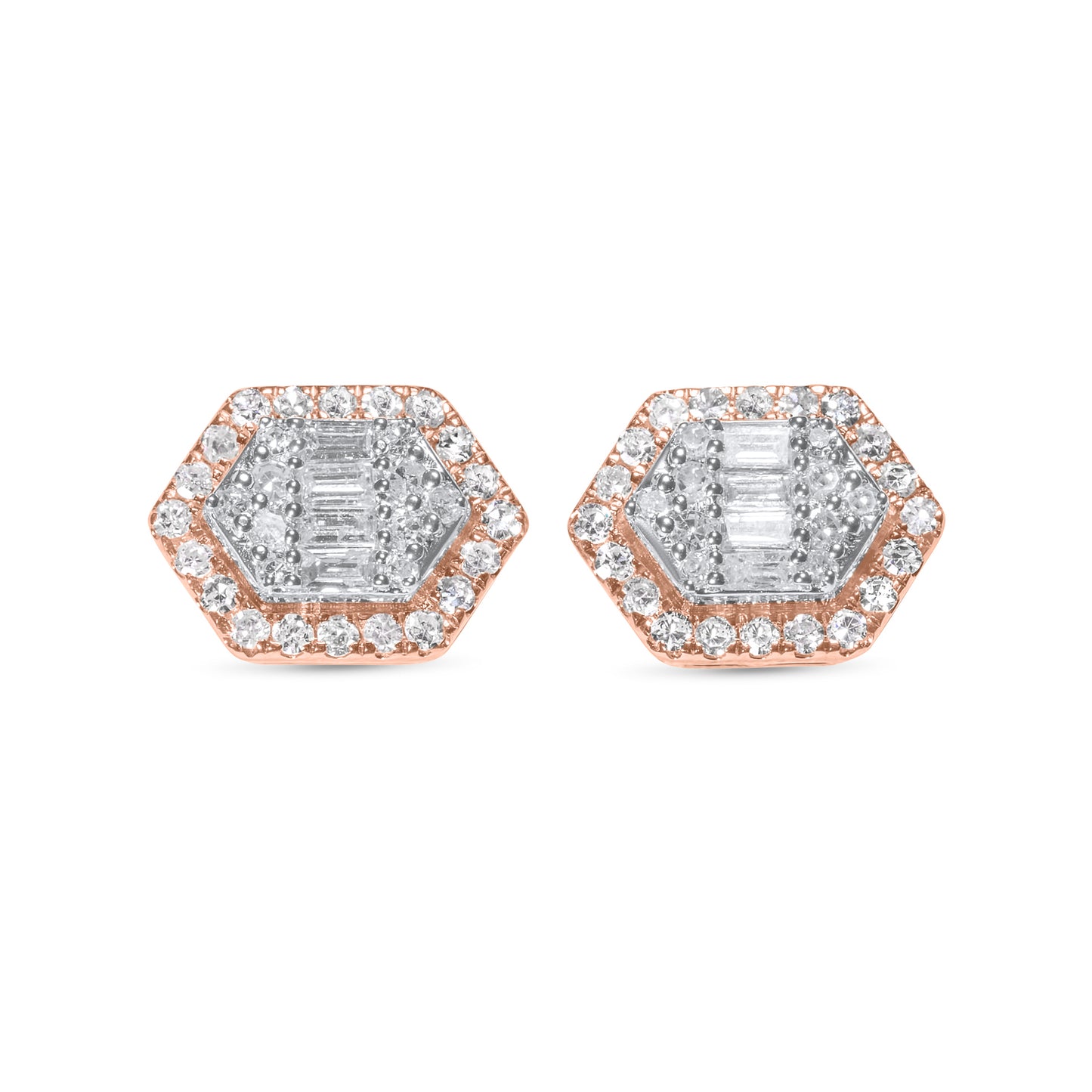 14k Rose Gold Round and Baguette Diamond Earrings 0.54 ctw