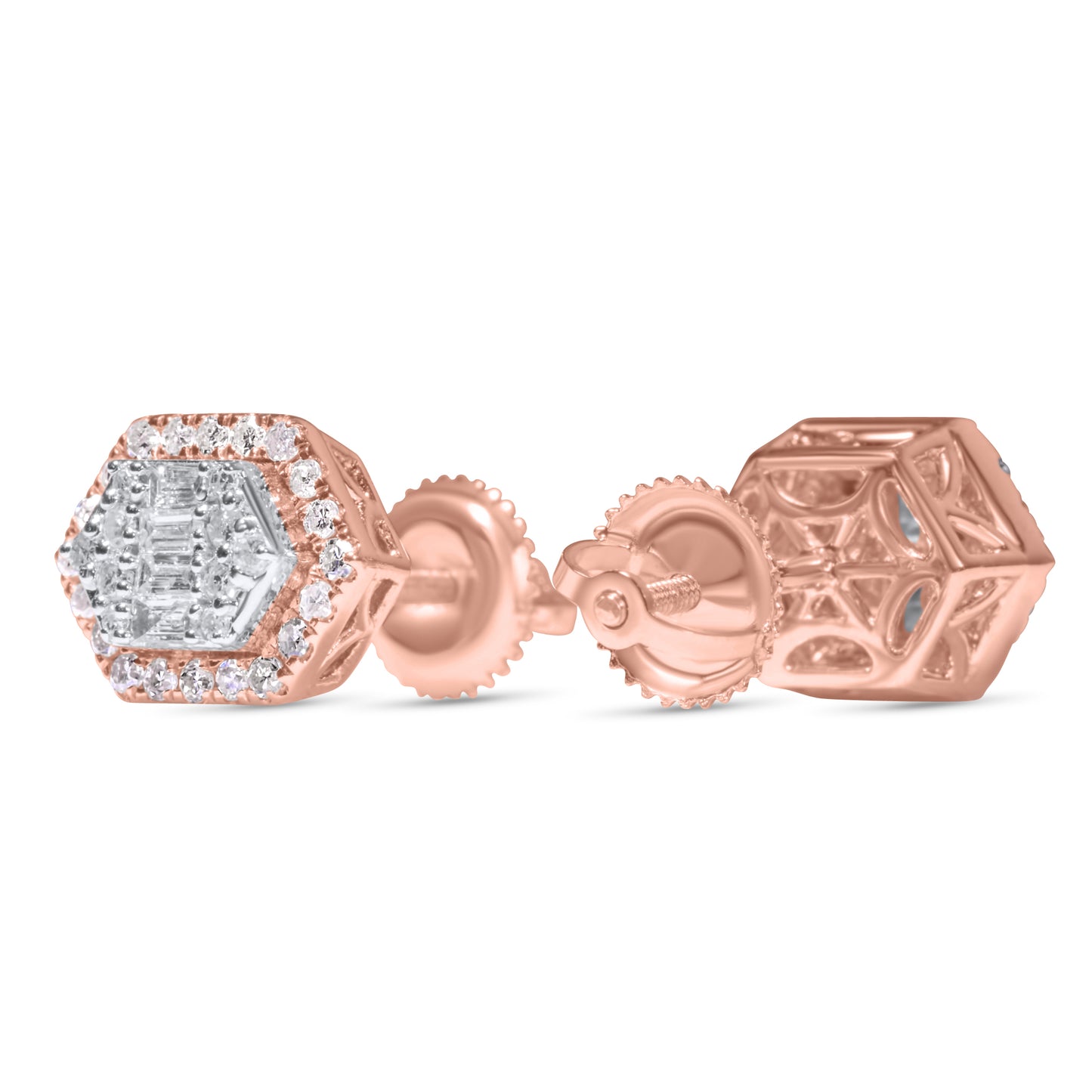 14k Rose Gold Round and Baguette Diamond Earrings 0.54 ctw