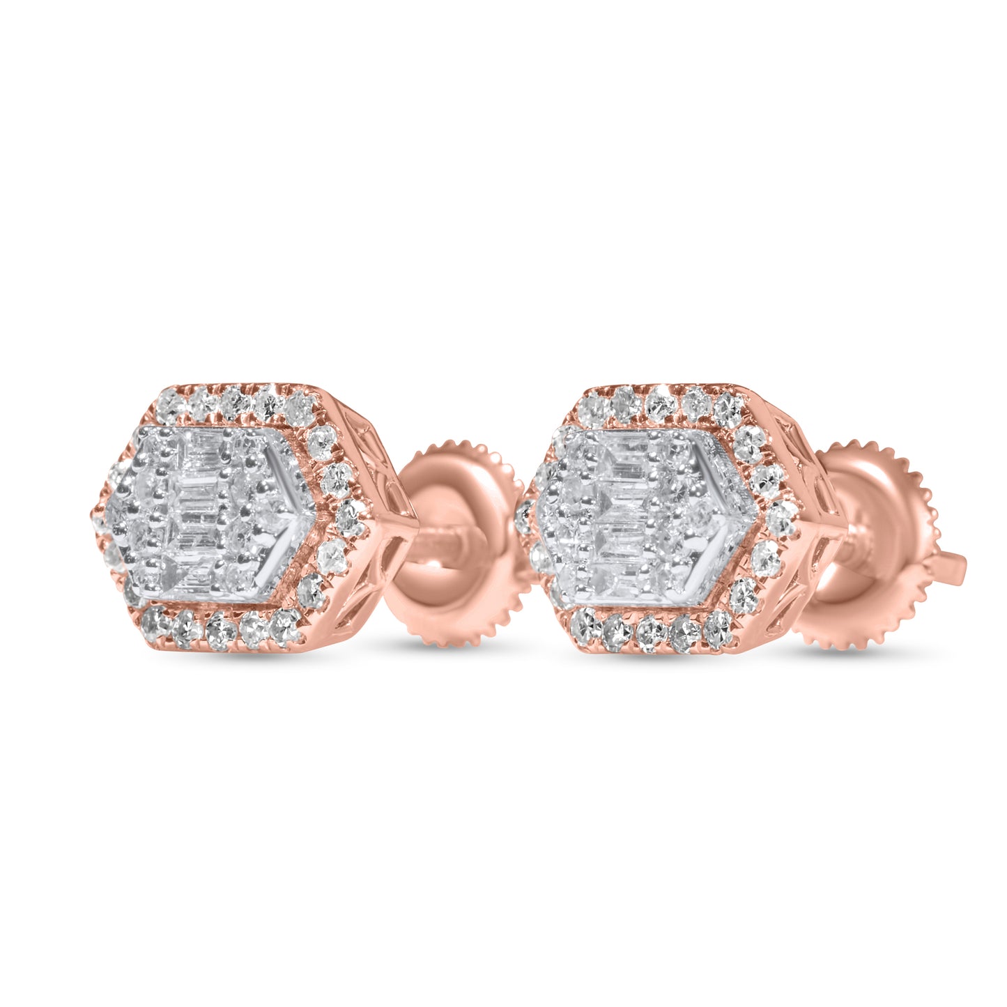 14k Rose Gold Round and Baguette Diamond Earrings 0.54 ctw