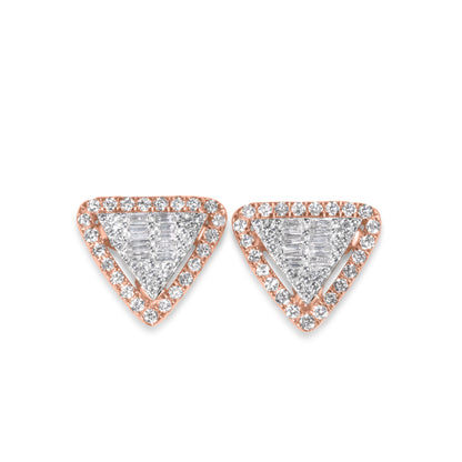 14k Rose Gold Round and Baguette Diamond Triangle Shaped Earrings 0.48 ctw