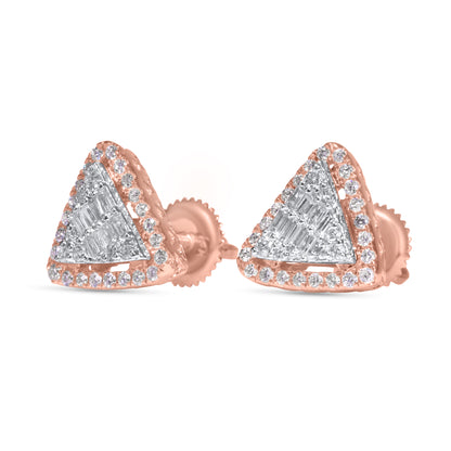 14k Rose Gold Round and Baguette Diamond Triangle Shaped Earrings 0.48 ctw