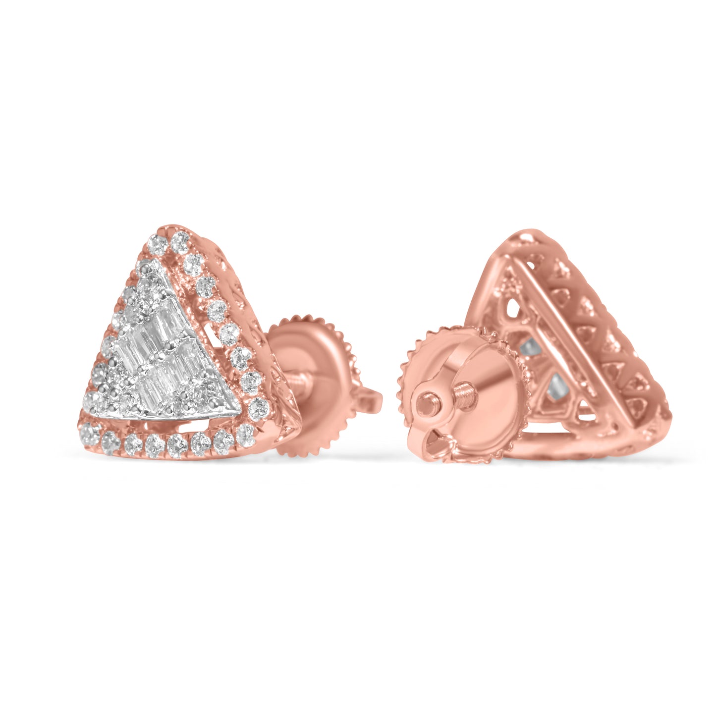 14k Rose Gold Round and Baguette Diamond Triangle Shaped Earrings 0.48 ctw