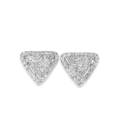 14k White Gold Round and Baguette Diamond Triangle Shaped Earrings 0.72 ctw