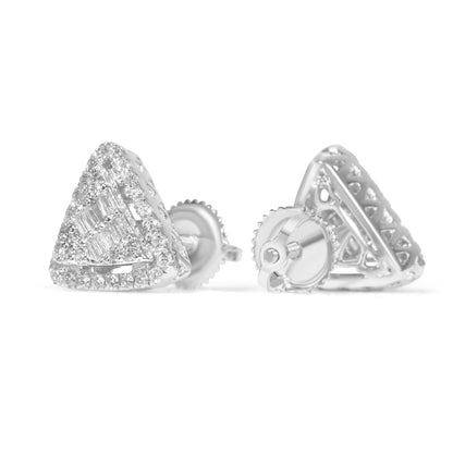 14k White Gold Round and Baguette Diamond Triangle Shaped Earrings 0.72 ctw