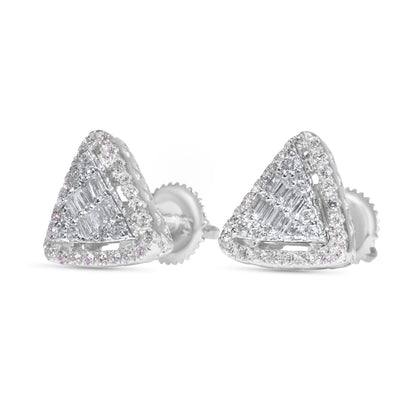 14k White Gold Round and Baguette Diamond Triangle Shaped Earrings 0.72 ctw