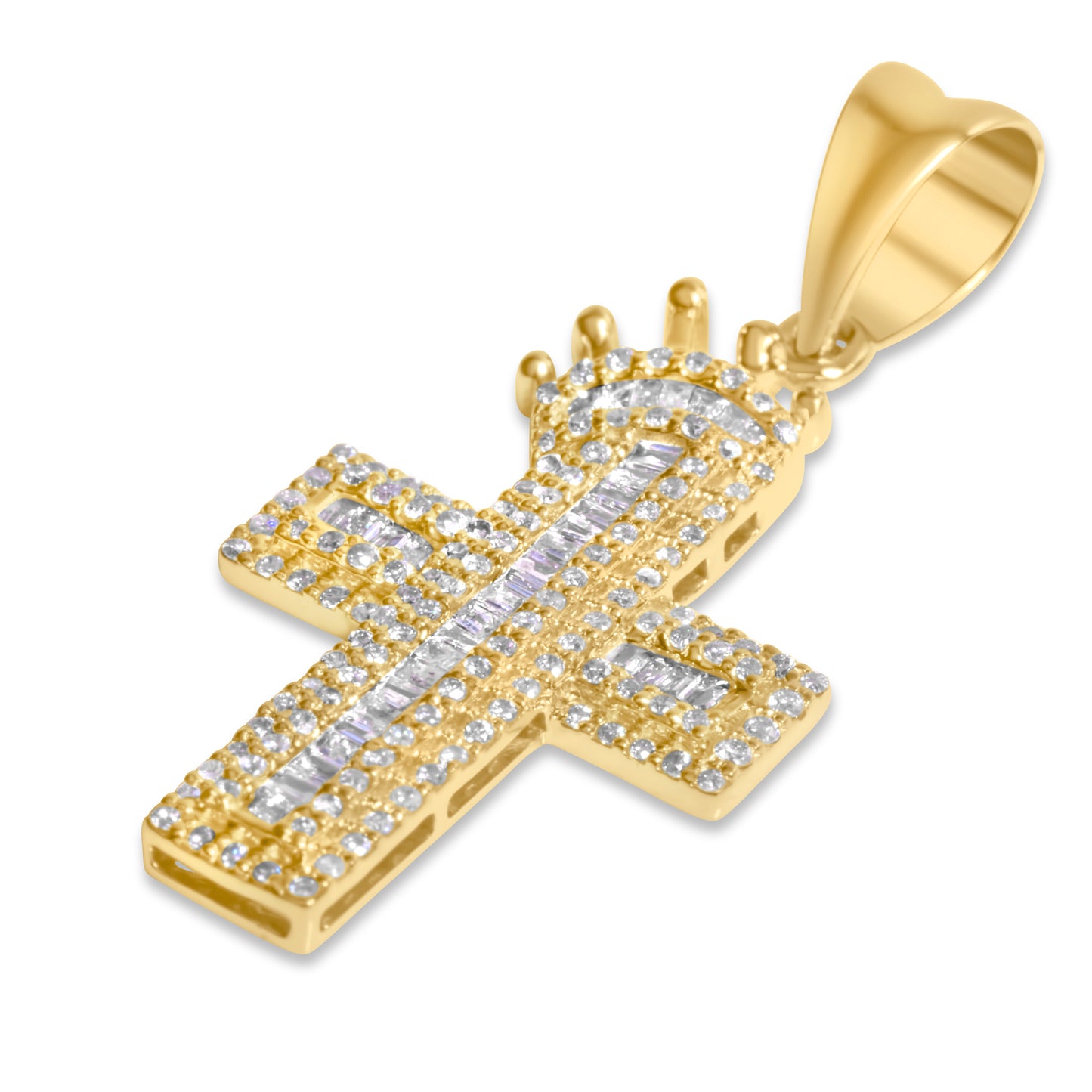 14k Yellow Gold Baguette Diamond Crown Cross Pendant 0.49 CTW