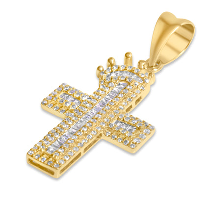 14k Yellow Gold Baguette Diamond Crown Cross Pendant 0.49 CTW