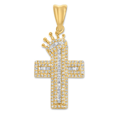 14k Yellow Gold Baguette Diamond Crown Cross Pendant 0.49 CTW