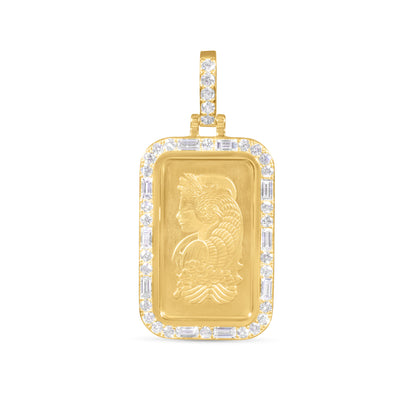 24K Solid Yellow Gold Diamond Lady Fortuna Bar Pendant 1.14ctw