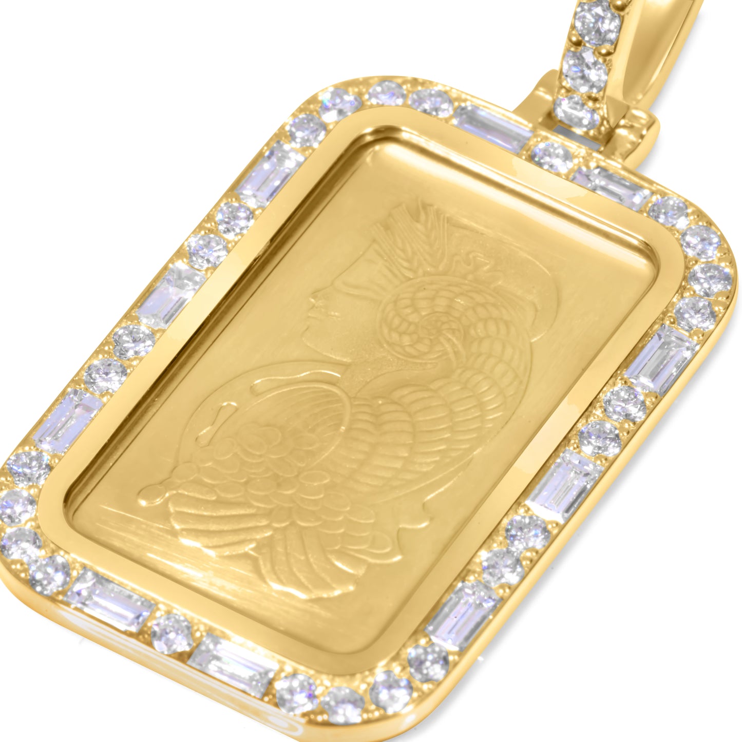 24K Solid Yellow Gold Diamond Lady Fortuna Bar Pendant 1.14ctw