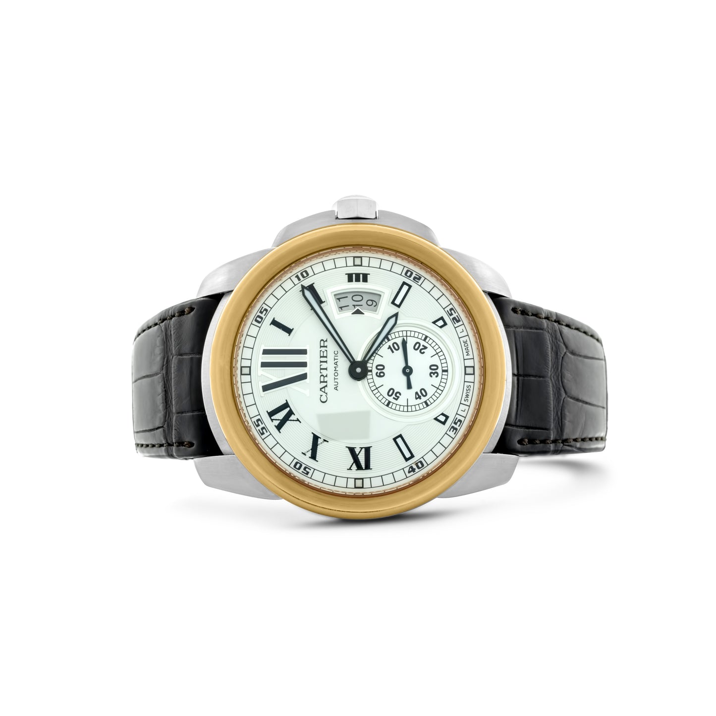 Cartier Calibre Steel Rose Gold Silver Dial Watch On Strap Ref. W7100036