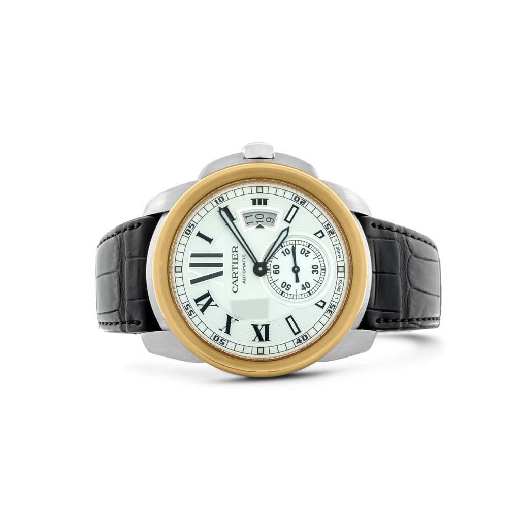 Cartier Calibre Steel Rose Gold Silver Dial Watch On Strap Ref