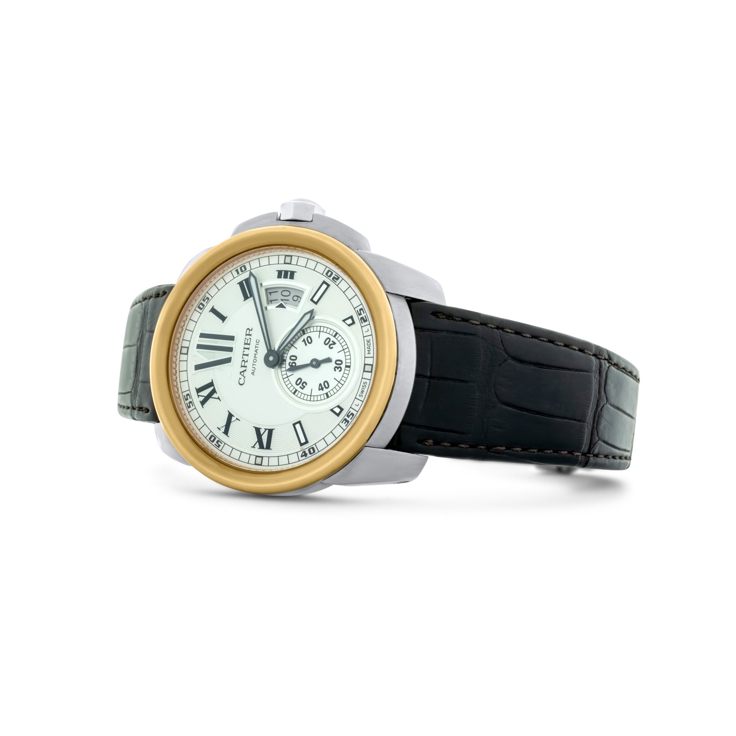 Cartier Calibre Steel Rose Gold Silver Dial Watch On Strap Ref. W7100036