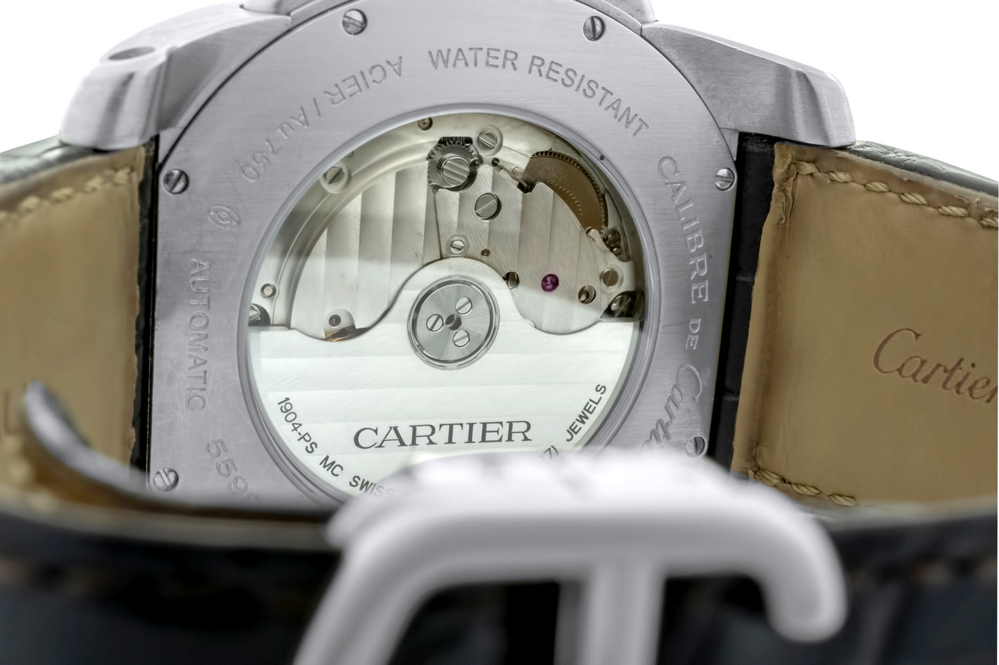 Cartier Calibre Steel Rose Gold Silver Dial Watch On Strap Ref. W7100036