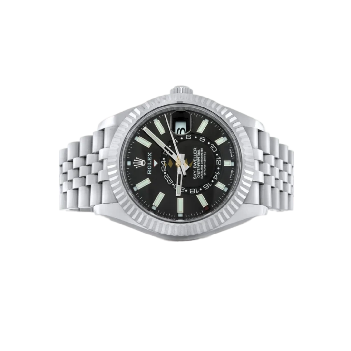 Rolex Sky-Dweller 42mm Stainless Steel 18K White Gold Jubilee Bracelet, Fluted Bezel, Black Dial Ref. 326934 Unworn