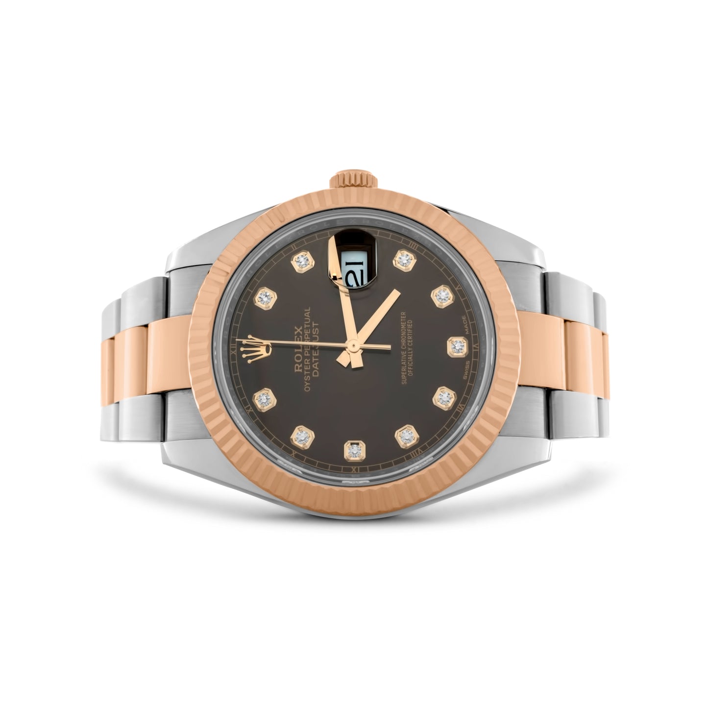 Rolex Datejust 41mm Two Tone 18K Rose Gold & Steel, Chocolate Diamond Dial (Original), 18K White Gold Fluted Bezel, Oyster Bracelet Ref. 126331