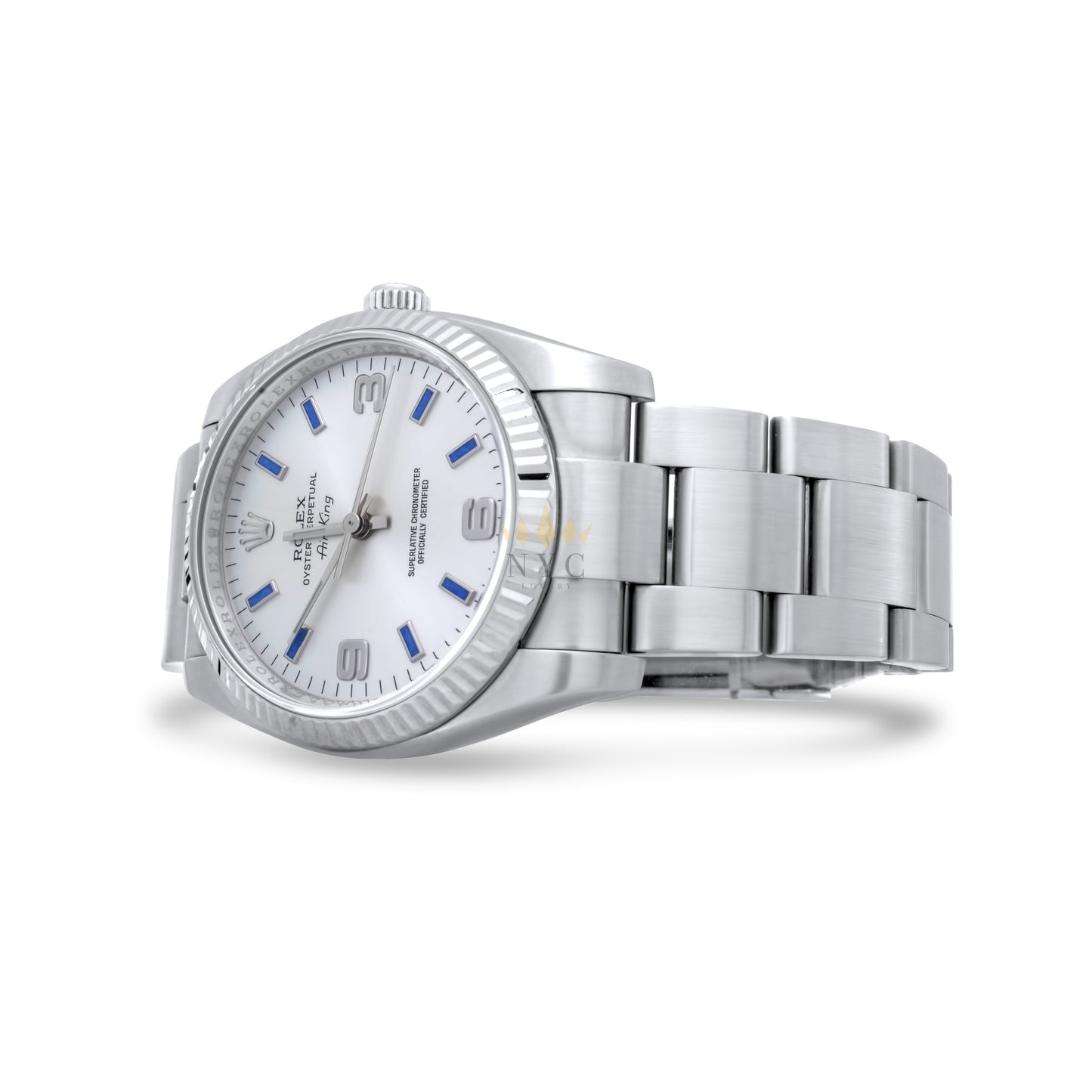 Rolex Air King Stainless Steel, Silver Dial  With Blue Hour Markers, 34mm, Ref. 114200