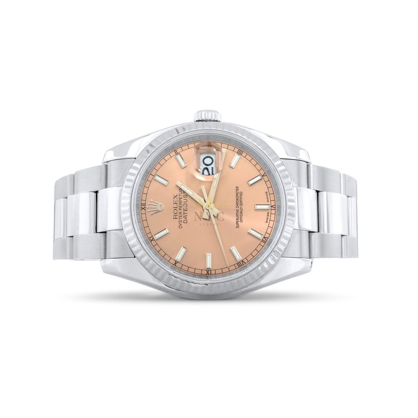 Rolex Datejust 36mm Oyster Bracelet, 18k White Gold Fluted Bezel, Unique Salmon Index/Stick Dial Ref. 116234