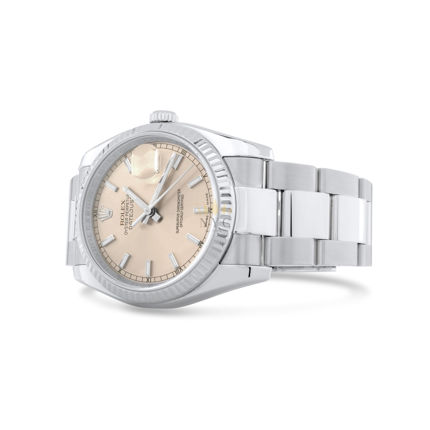 Rolex Datejust 36mm Oyster Bracelet, 18k White Gold Fluted Bezel, Unique Salmon Index/Stick Dial Ref. 116234