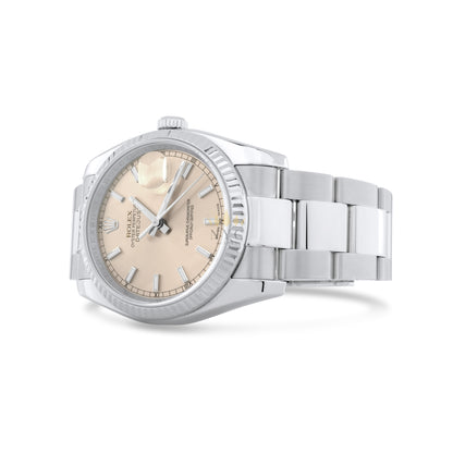 Rolex Datejust 36mm Oyster Bracelet, 18k White Gold Fluted Bezel, Unique Salmon Index/Stick Dial Ref. 116234