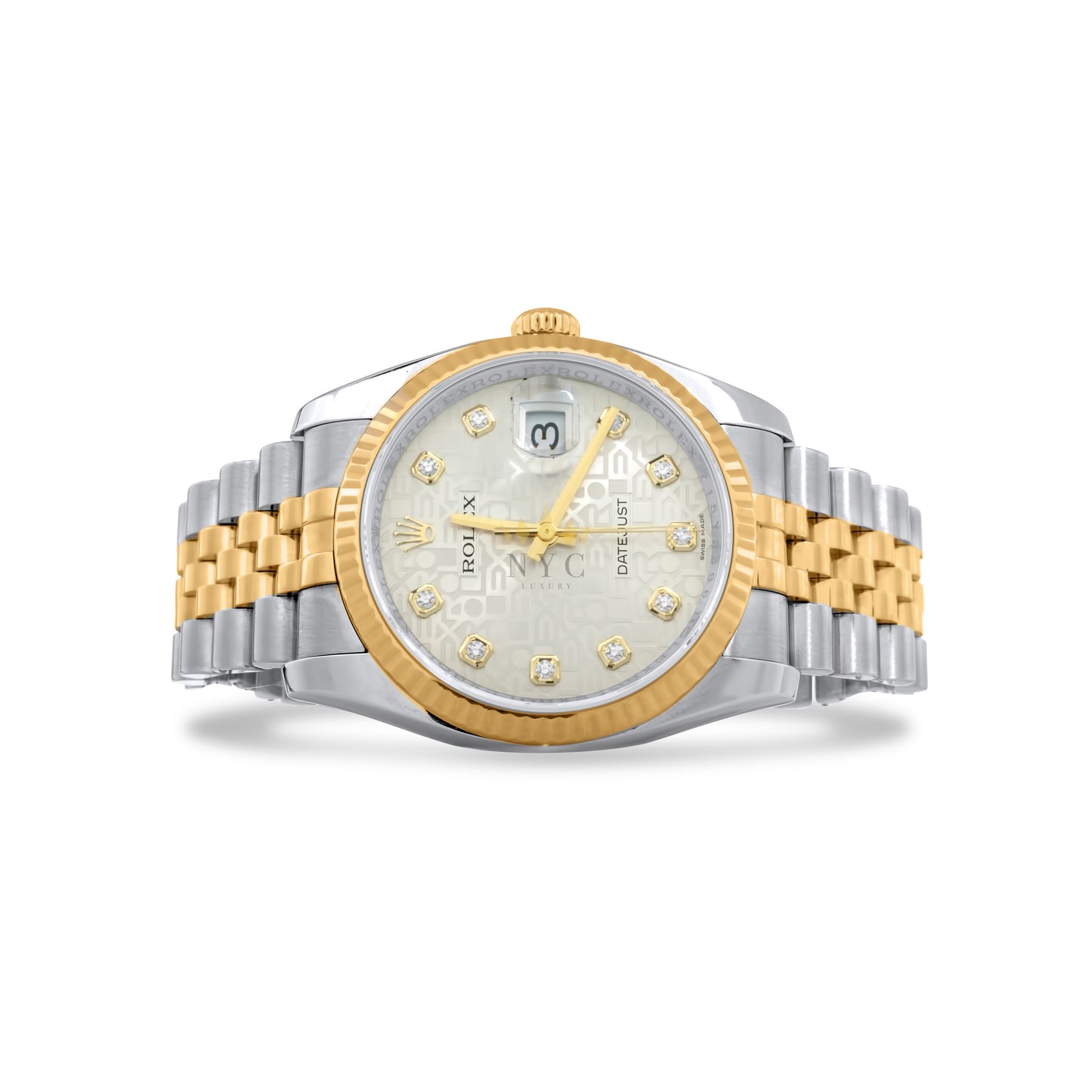 Rolex Datejust 36mm Two Tone Yellow Gold & Steel, Yellow Gold Fluted Bezel, Jubilee Bracelet, Orginial Silver Diamond Jubilee Dial, Ref. 116233