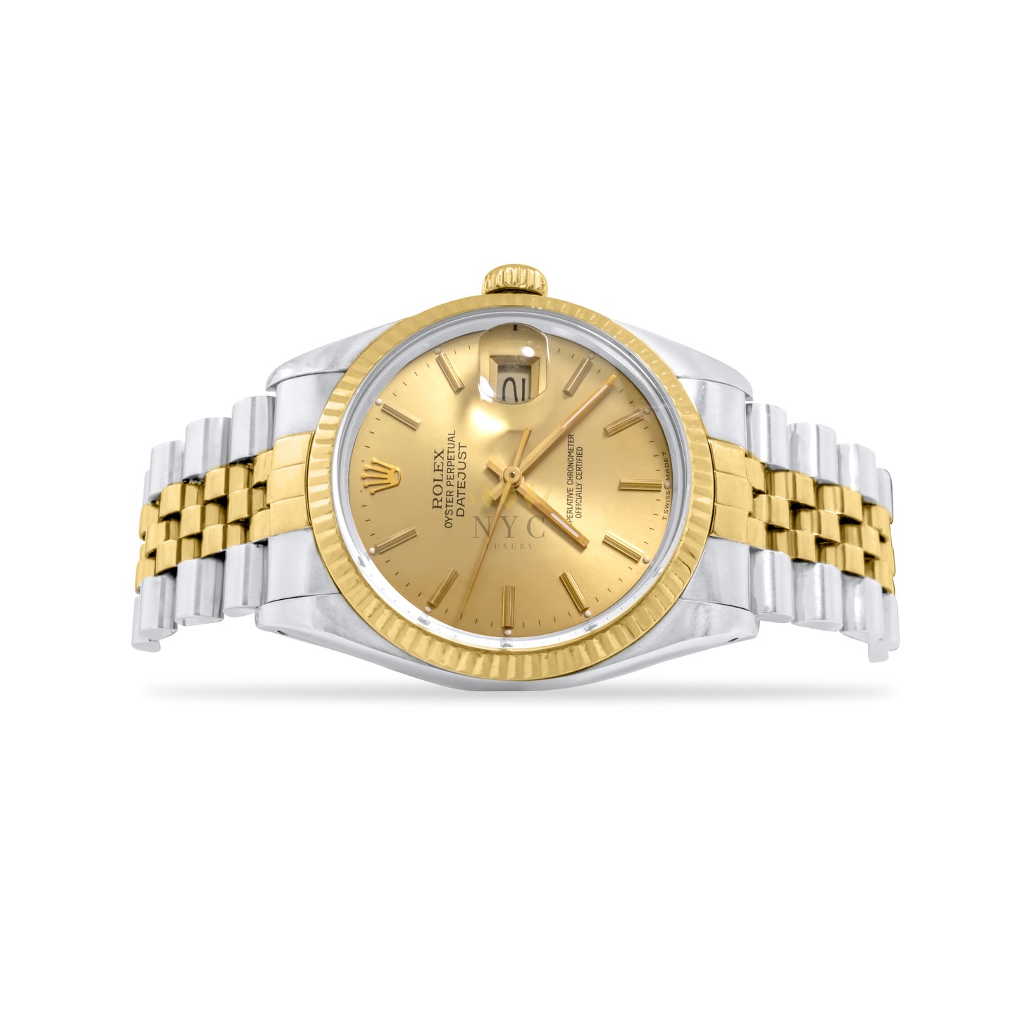 Rolex Datejust 36mm Two Tone Yellow Gold, Yellow Gold Fluted Bezel, Champagne Dial, Jubilee Bracelet, Ref. 16013