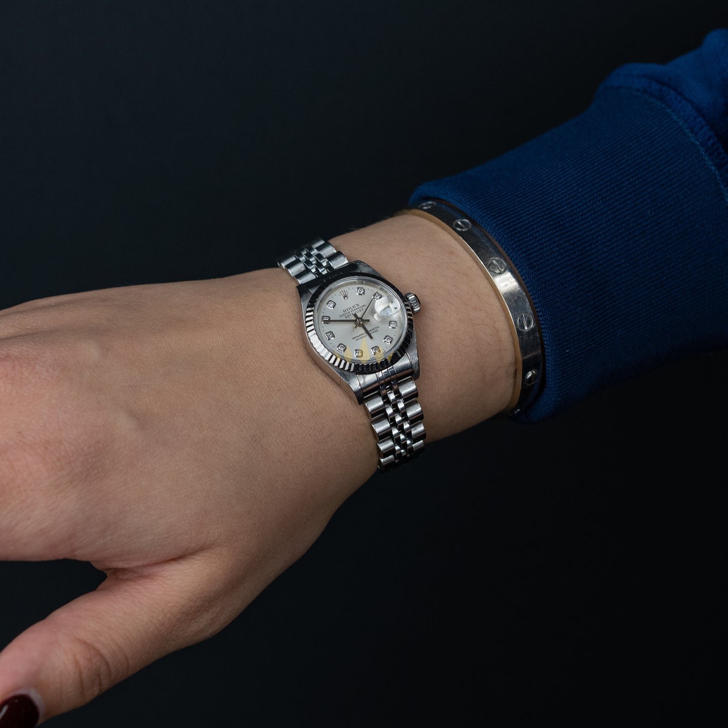 Rolex Ladies 26mm Datejust, Stainless Steel, White Gold Fluted Bezel, hubilee BRacelet, Factory Silver Diamond Dial, Ref. 69174