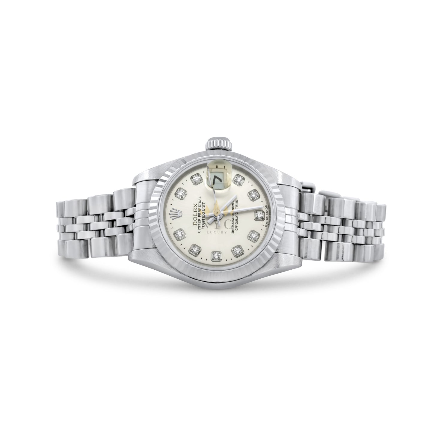 Rolex Ladies 26mm Datejust, Stainless Steel, White Gold Fluted Bezel, hubilee BRacelet, Factory Silver Diamond Dial, Ref. 69174