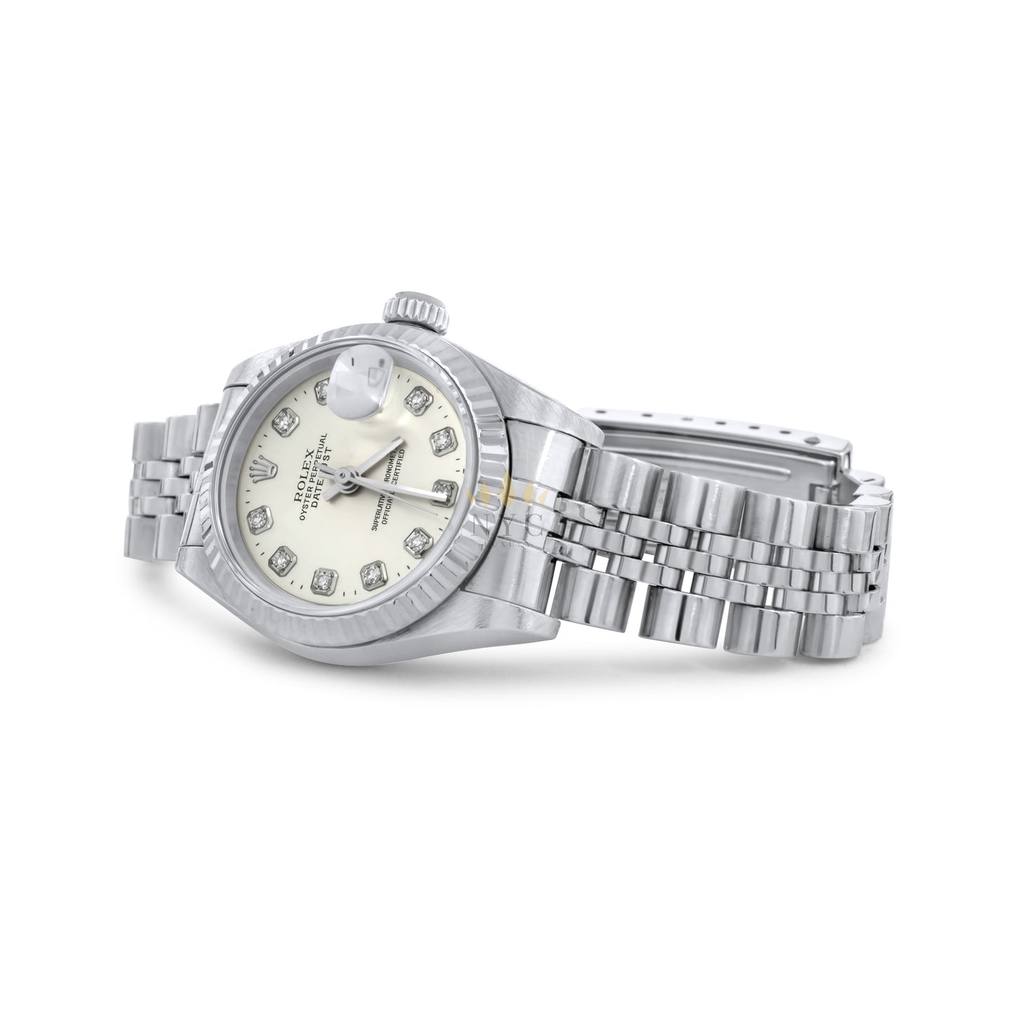 Rolex Ladies 26mm Datejust, Stainless Steel, White Gold Fluted Bezel, hubilee BRacelet, Factory Silver Diamond Dial, Ref. 69174