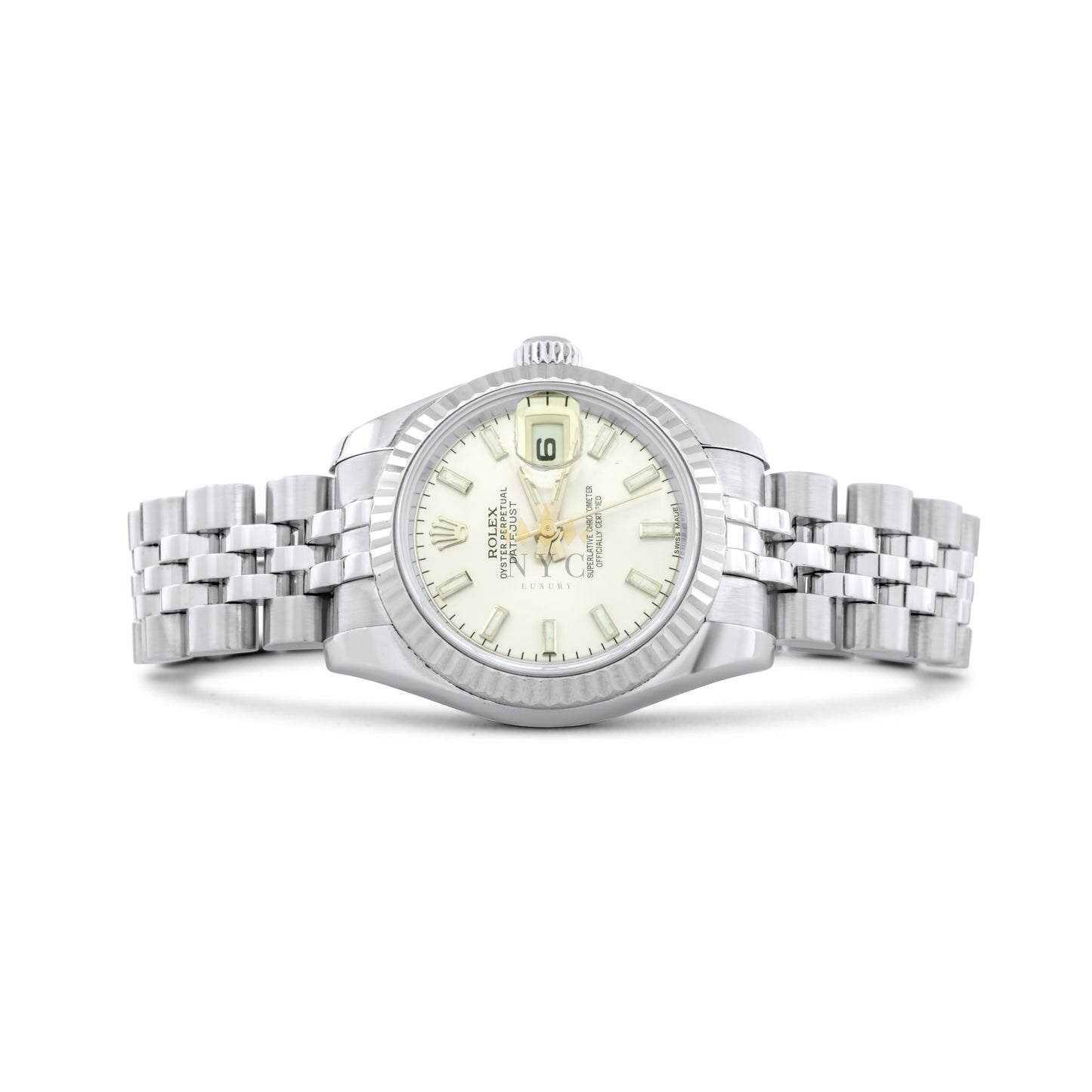 Rolex Ladies 26mm Datejust, Steel, White gold Fluted Bezel, Oyster Bracelet, Original White Diamond Dial, Ref. 179174