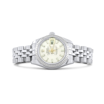 Rolex Ladies 26mm Datejust, Steel, White gold Fluted Bezel, Oyster Bracelet, Original White Diamond Dial, Ref. 179174