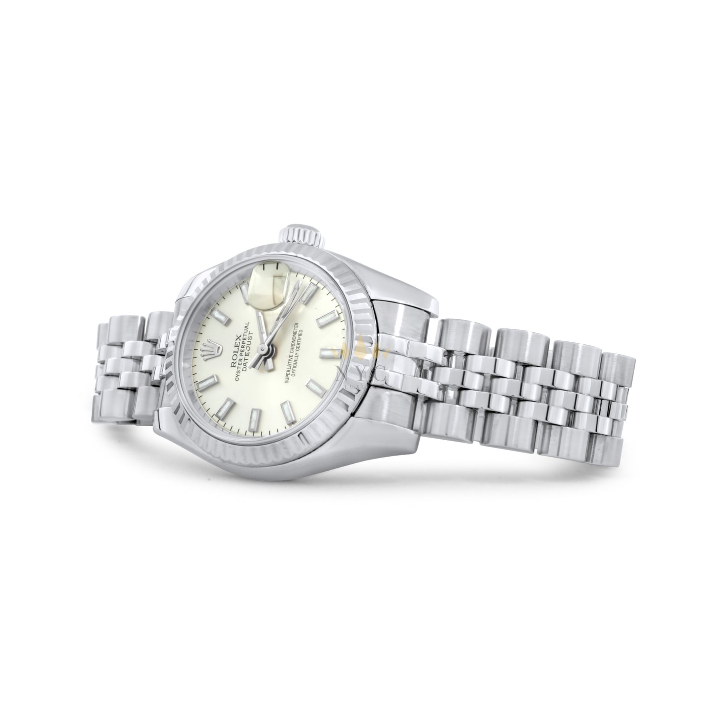 Rolex Ladies 26mm Datejust, Steel, White gold Fluted Bezel, Oyster Bracelet, Original White Diamond Dial, Ref. 179174