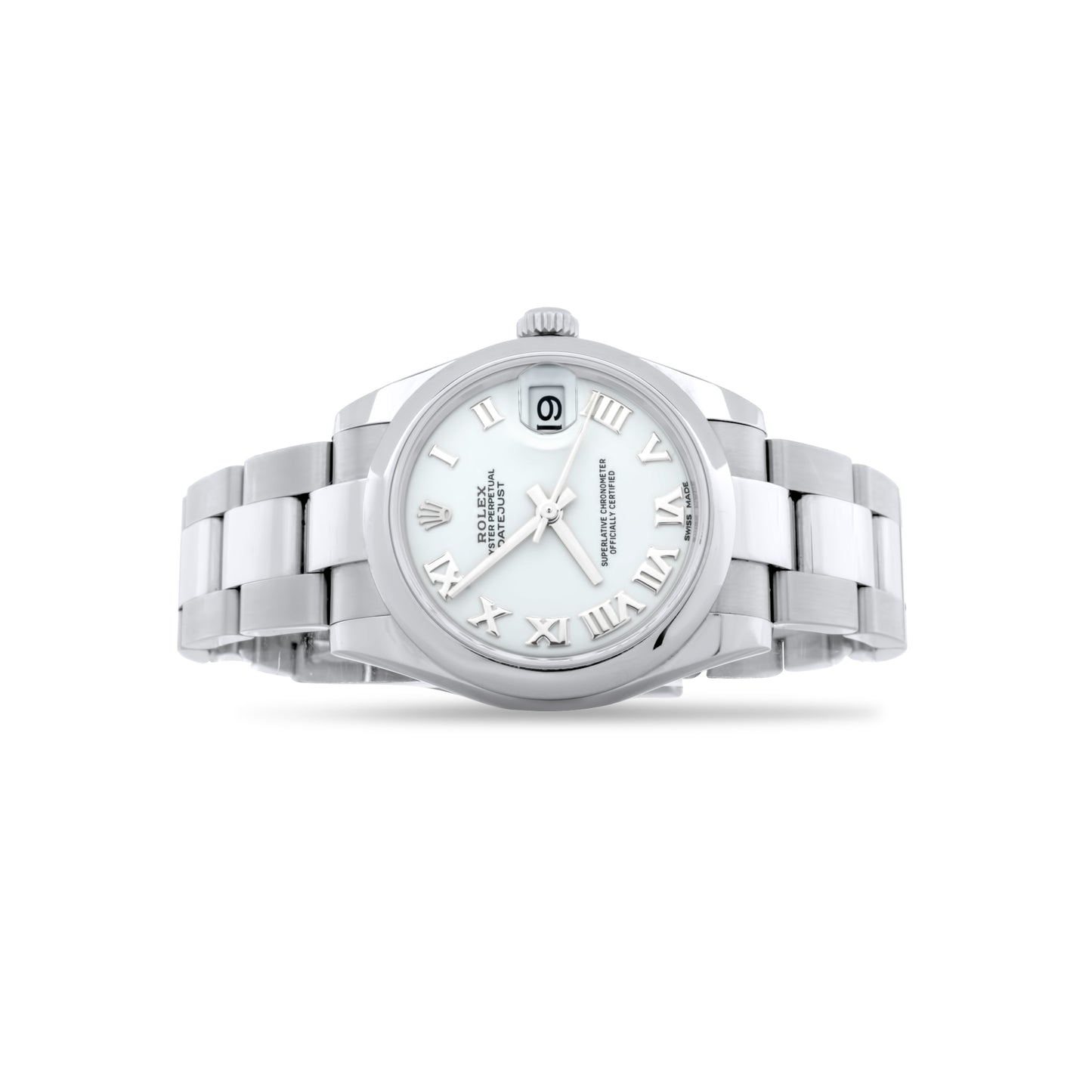 Rolex Ladies Midsize Stainless Steel Watch, 31mm, Smooth Bezel, Oyster Bracelet, White Roman Dial Ref. 178240