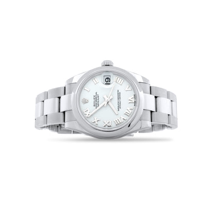 Rolex Ladies Midsize Stainless Steel Watch, 31mm, Smooth Bezel, Oyster Bracelet, White Roman Dial Ref. 178240