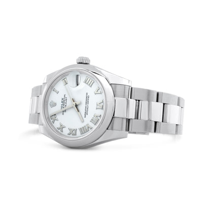 Rolex Ladies Midsize Stainless Steel Watch, 31mm, Smooth Bezel, Oyster Bracelet, White Roman Dial Ref. 178240