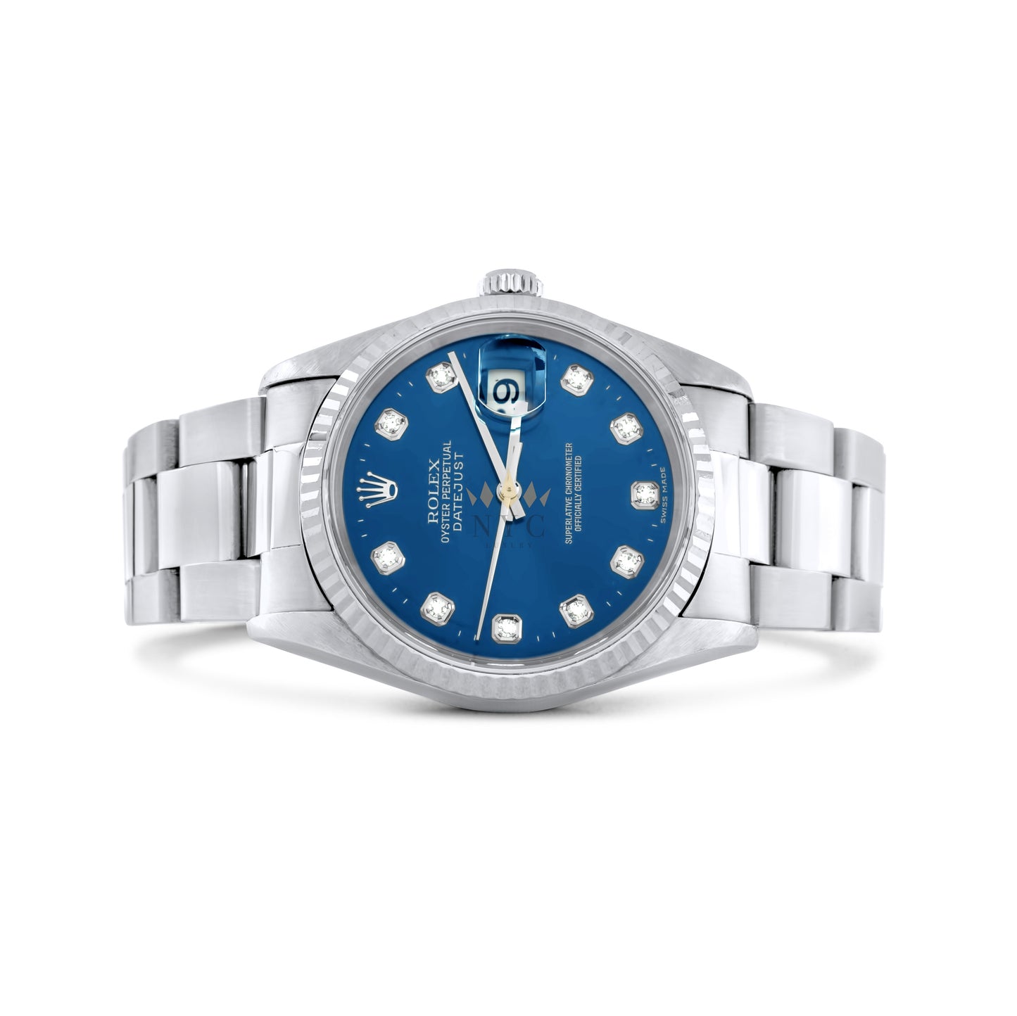 Rolex Datejust 36mm, White Gold Fluted Bezel, Blue Diamond Dial, Oyster Bracelet Ref. 16234