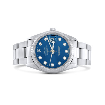 Rolex Datejust 36mm, White Gold Fluted Bezel, Blue Diamond Dial, Oyster Bracelet Ref. 16234