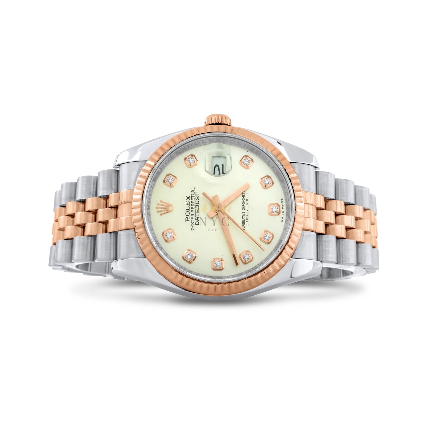 Rolex Datejust 36mm Two Tone Rose Gold & Steel, 18kt Rose Gold Fluted Bezel, Jubilee Bracelet, Factory Silver Diamond Dial, Ref. 116231